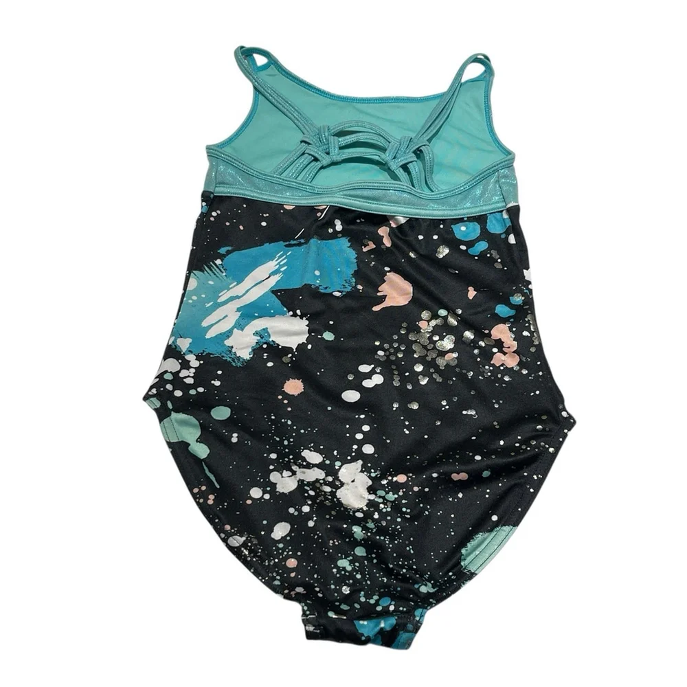 Justice‎ Girls One Piece Dance Leotard Swimsuit Shimmery Blue Black Splatter 7/8